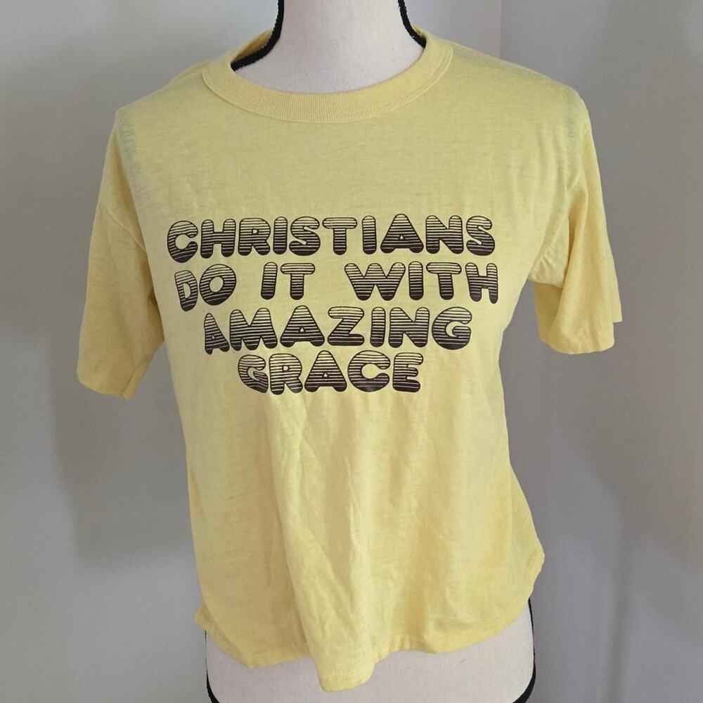 Yellow vintage church t-shirt 'CHRISTIANS DO IT WITH AMAZING GRACE' L
